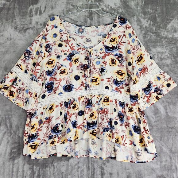 Maurices Womens Top 2X Multi Floral Lace 3/4 Flared Sleeve Boho Peasant Cottage - Picture 1 of 10